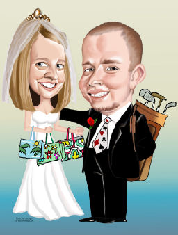 golfing groom, shopping bride