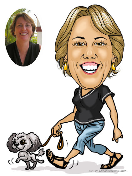 caricature lady walking dog