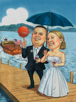 wedding couple near water caricature