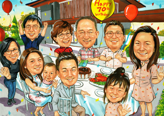 big family birthday caricature
